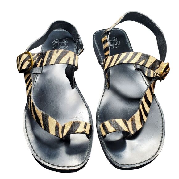 Massimo Dutti Womens Zebra Print Leather Sandals 37 6.5 Brown Black Casual Flat - Picture 2 of 9
